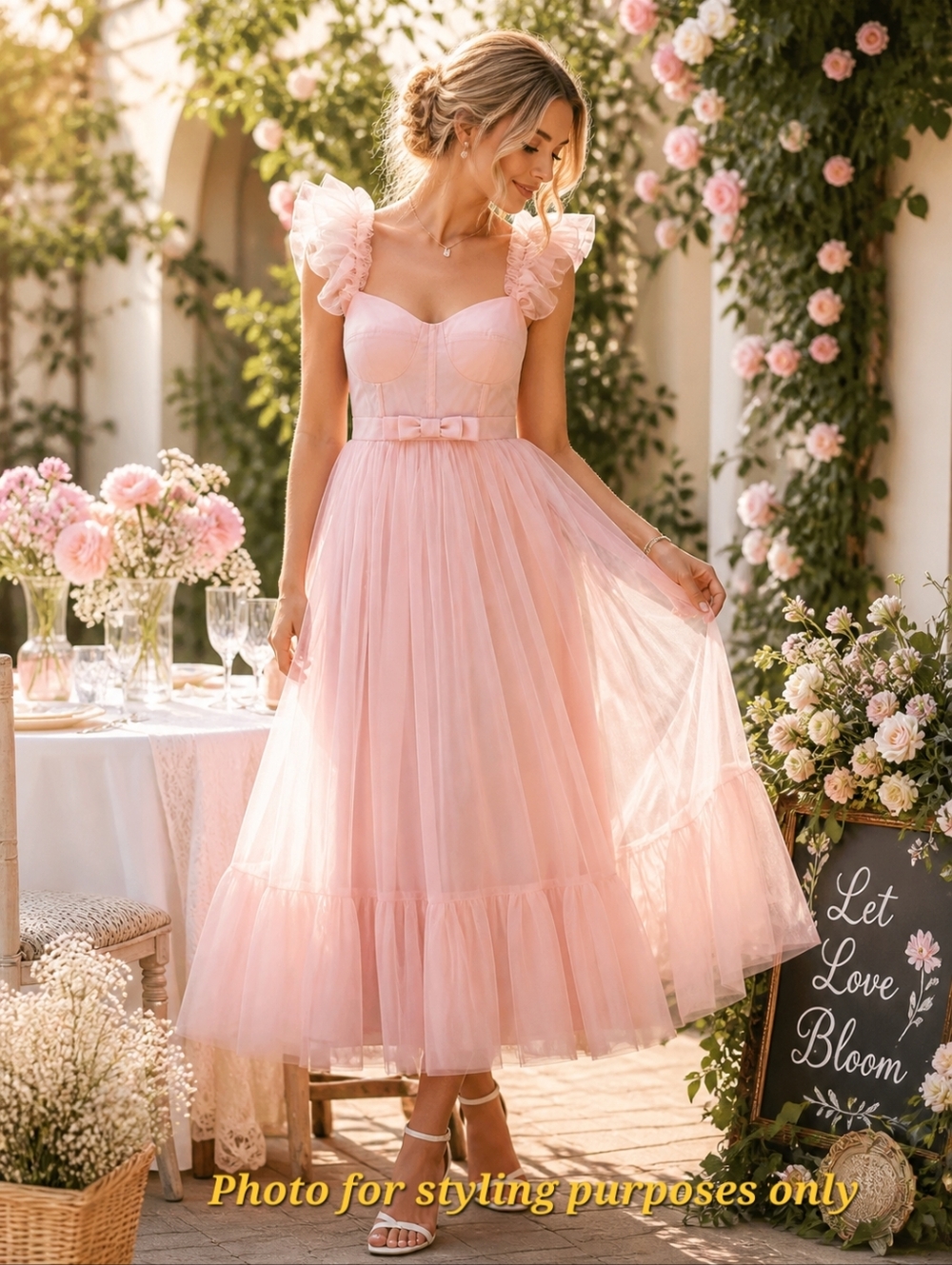 Blush PINK Tulle Midi DRESS Ruffle Bow Waist MABLE Graduation Wonen's Size M - Picture 7 of 15